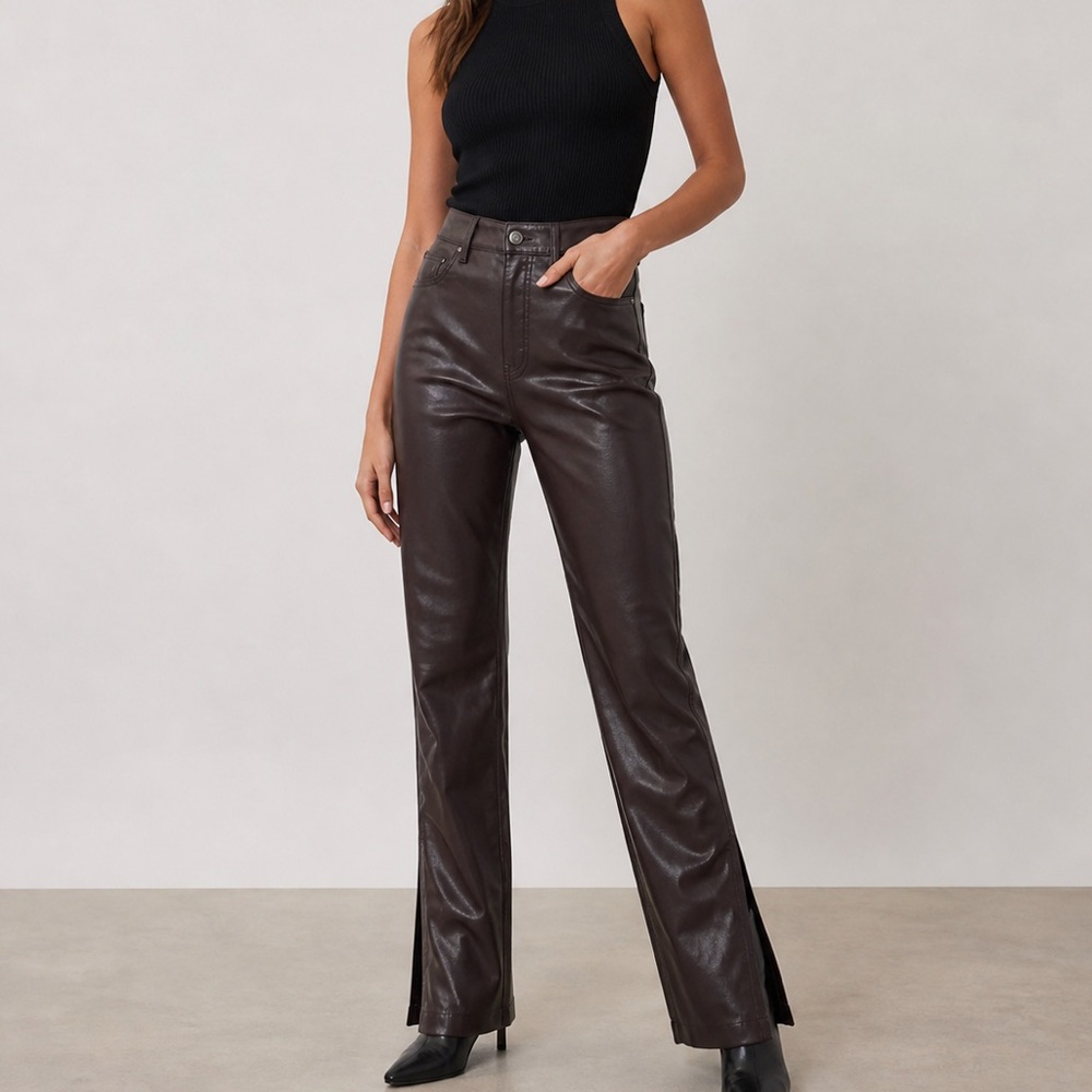 Super High Waisted Faux Leather Modern Straight Pant